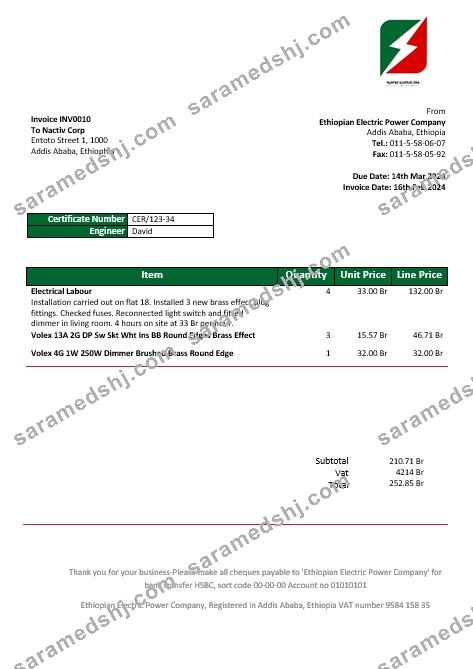 Ethiopia Ethiopian Electric Power Company electricity business utility bill template in Word and PDF formats1